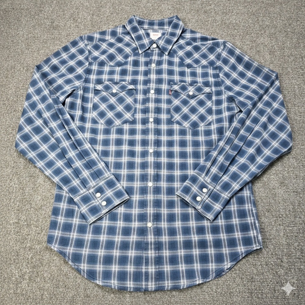 Levi's Men's The Western Standard Fit Plaid Shirt Blue Small NWT Pearl Snap‎